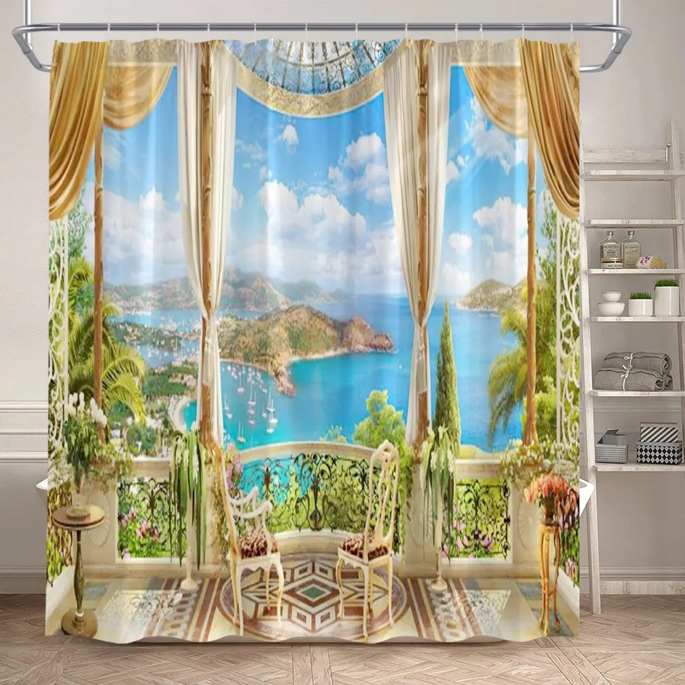 Island Landscape Shower Curtain Ocean Seaside Flower Plant Vintage Window Nature Scene Polyester Cloth Bathroom Decor With Hooks