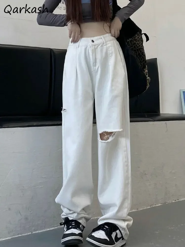 

White Ripped Jeans Women Loose Casual Streetwear Chic All-match High Waist Simple Washed Korean Style Wide Leg Trousers Basic