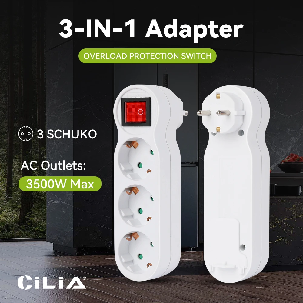 CILIA Eu power outlet with ON/OFF switch, shock-proof, European standard adapter extension outlet Power extension plug converter