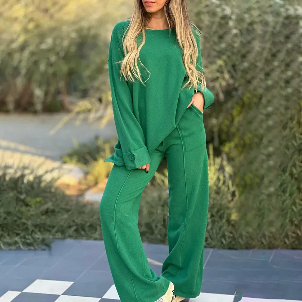 Autumn Fashion Long Sleeve T-shirts Pant Sets Women 2024 Casual O-neck Tops And Wide Leg Pants 2 Piece Sets Women Outfit Elegant