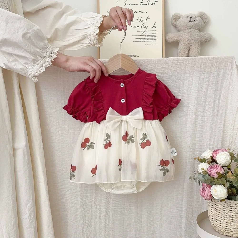 INS Summer Baby Girl Romper 0-2Years Newborn Princess Short Sleeve Cherry Print Bow Dress Bodysuit Outfit Birthday Party Clothes