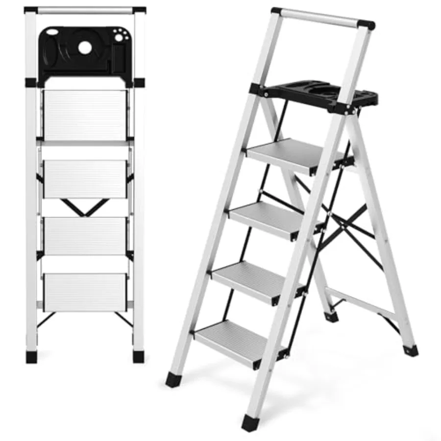 

【Spot goods】4 Step Ladder with Tool Tray - 600lbs Heavy Duty Lightweight Step Stool with Extended Handrails Work Platform for H