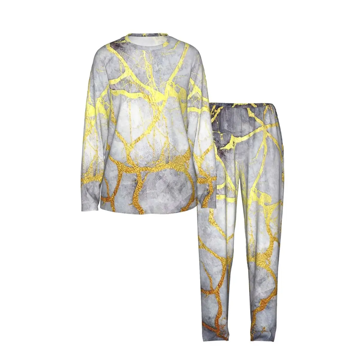 Marble Veins Black And White Golden Round Neck Long Sleeve Nightgowns for Sleeping Sleepshirts Women Soft Pajama Set Long Pants
