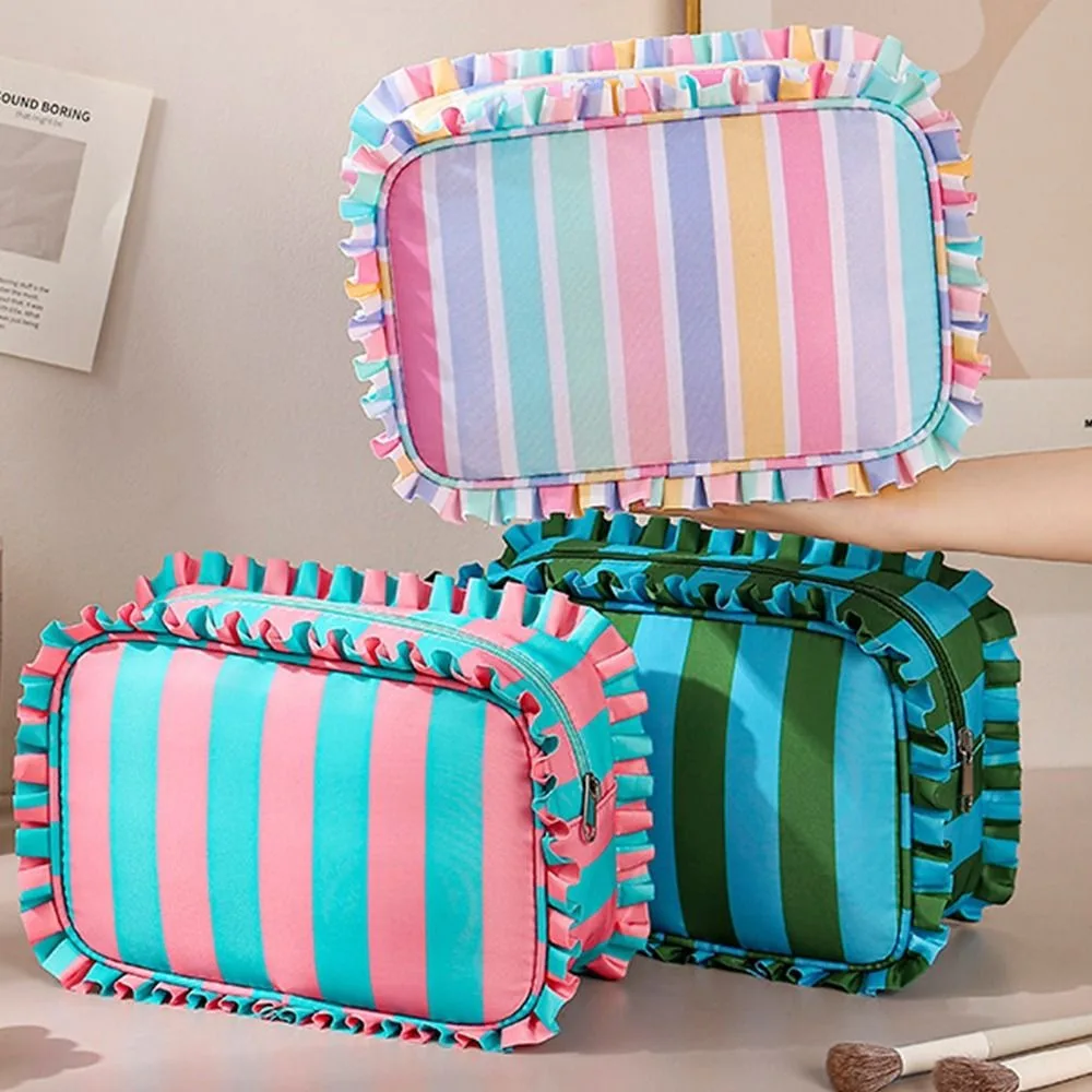 Ruffle Decoration Striped Cosmetic Bag Colorful Oxford Striped Makeup Organizer Flat Bottom Portable Travel Zipper Pouch