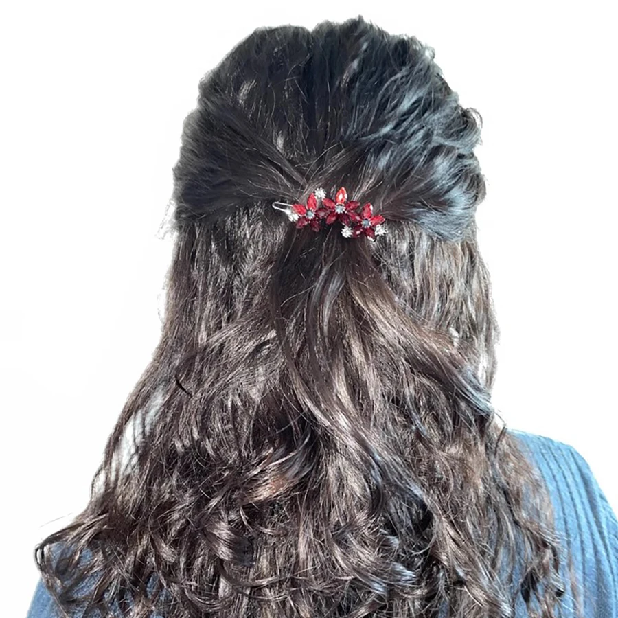 Horquilla roja de Año Nuevo de alta gama para mujer, diamantes de imitación, flores esmaltadas, Clip de una palabra, pinzas para el cabello con flequillo lateral de Metal