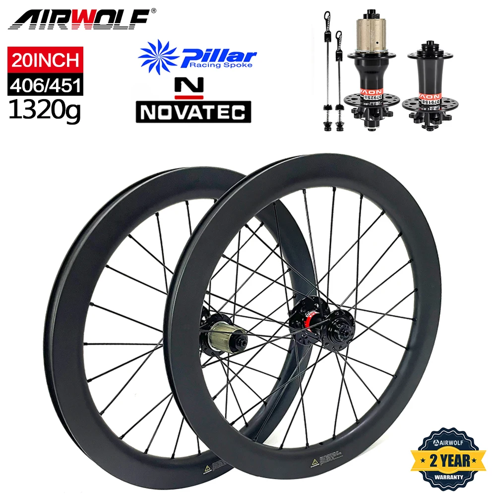 Airwolf-Carbon Fiber Bicycle Wheelset, Folding Bike Wheels, Disc Brake, Clincher, 20 