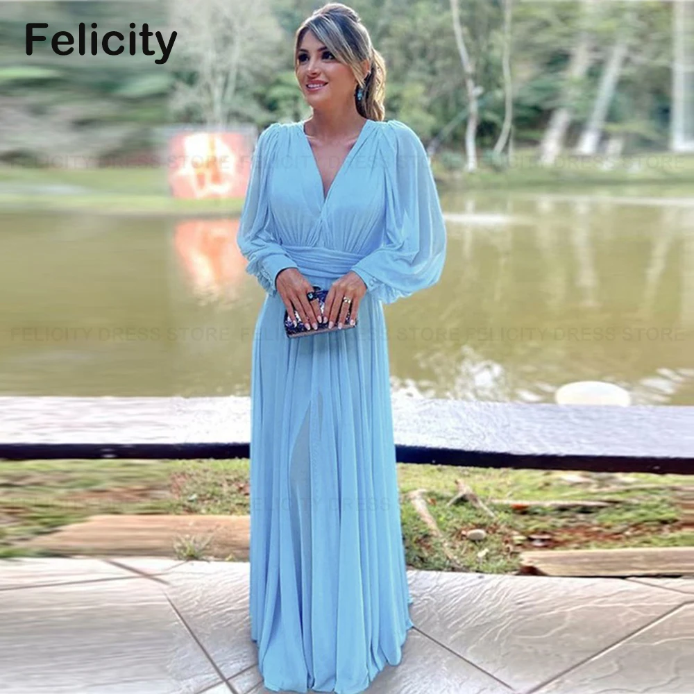 

Simple Wedding Guest Dresses A-Line Chiffon V-neck Mother of the Bride Dress 2023 Long Sleeve Floor-Length Pleated Evening Gowns