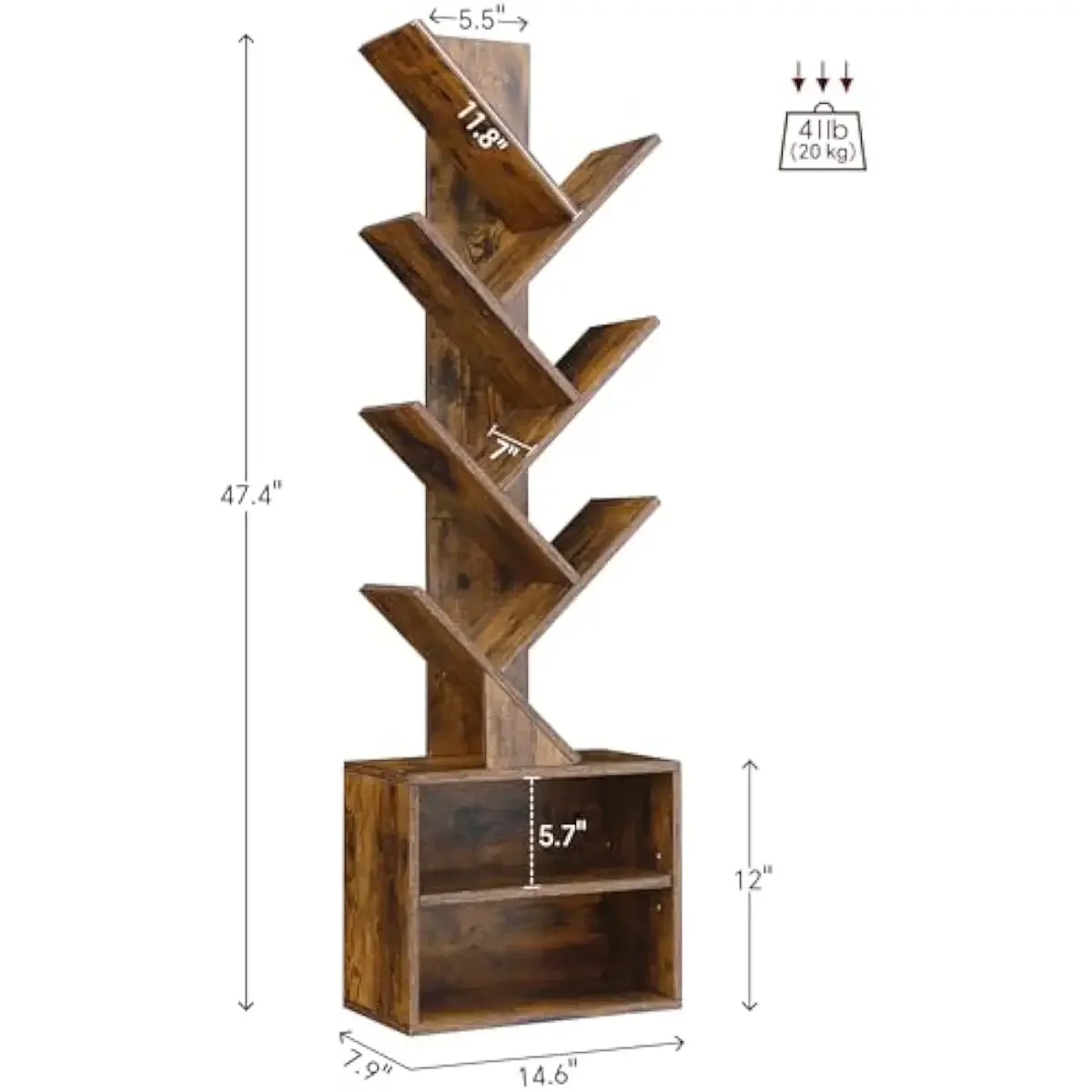 6-Shelf Vertical Tree-Shaped Book Organizer with 2 Drawers and Open Cabinets for Compact Living Spaces – Modern Minimalist Floor