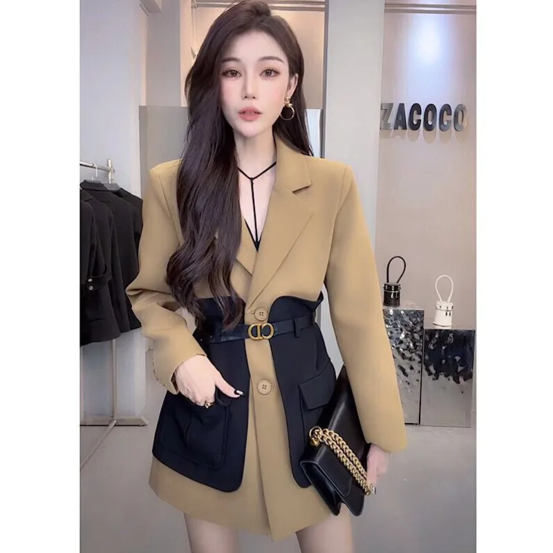 Autumn Women\'s Blazer Jacket Contrast Stitching Long Sleeve Overcoat Fashion With Belt Female Outwear