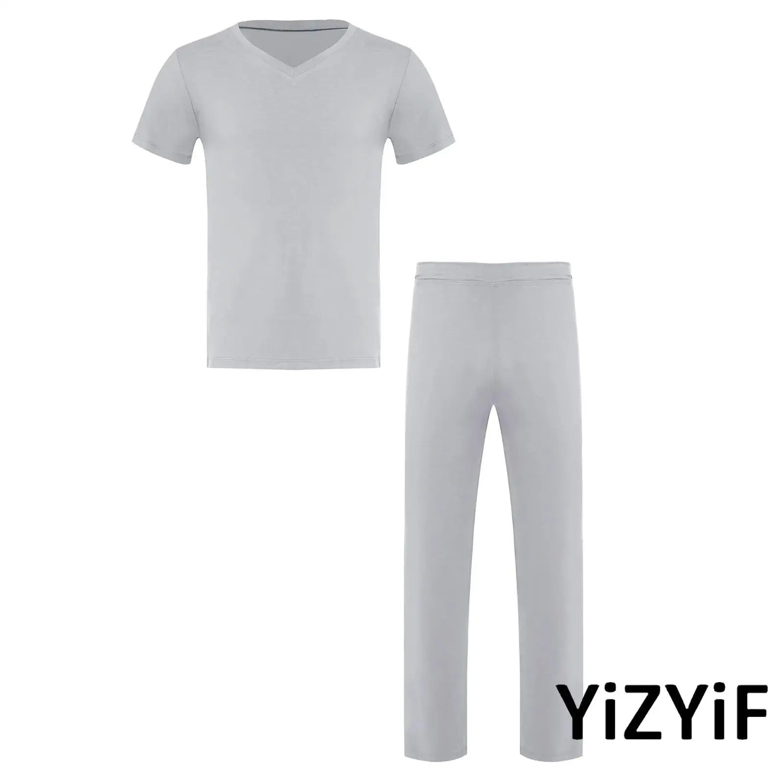 

V Neck Tee Top and Straight Leg Pants Set for Men Short Sleeve Elastic Waistband Trousers for Latin Yoga Gymnastics Dance