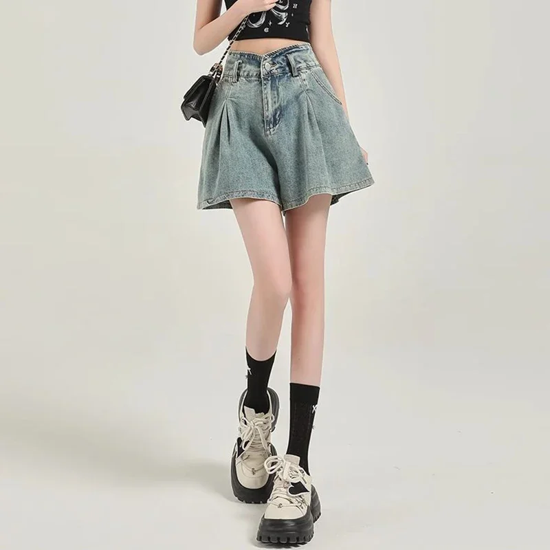 Summer Female Designer Thin Jeans Girls Chic High Waisted Short Pants Lady Korean Baggy A-line Denim Pants