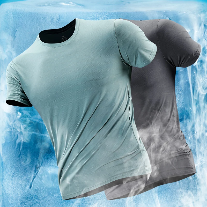 2024Summer short sleeved T-shirt for men\'s sports thin ice silk quick drying round neck shirt fitness running training suit