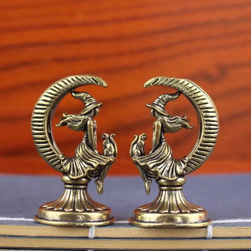 【K】Brass Crescent Moon Witch Cat Statue Halloween Retro Gothic Mini Figurine Decor Ornament For Desktop Bedroom Mystical