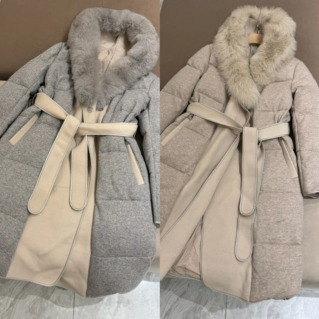 Autumn Winter Women\'s Cashmere Knitted Animal Collar Goose Down Jacket Thickened Medium Long Women Coat