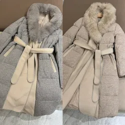 Autumn Winter Women's Cashmere Knitted Animal Collar Goose Down Jacket Thickened Medium Long Women Coat