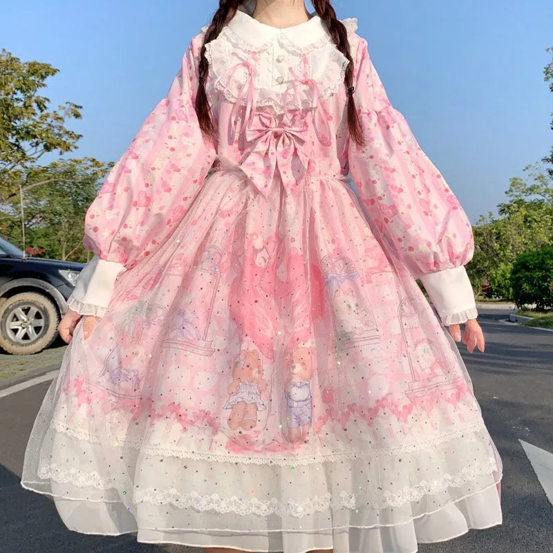 Sweet Style Lolita Dress Women Elegant Kawaii Japanese Fairy Flower Princess Wedding Soft Gauze Skirt Bow Tie Suspender Vestido