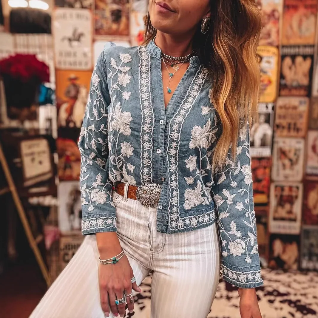 Women's Spring & Summer V-Neck Retro Floral Embroidered Denim Button Closure Long Sleeve Blouse Ropa Mujer