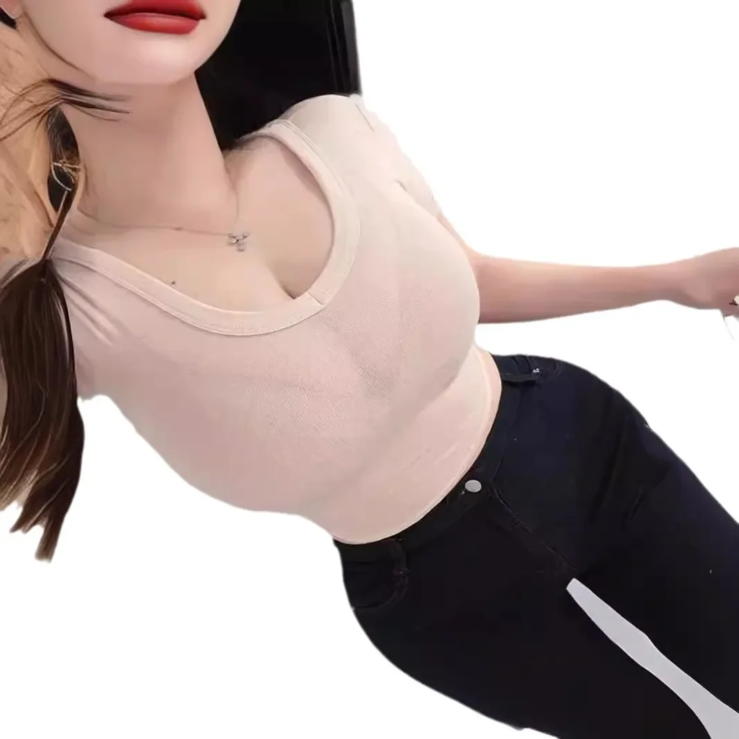 شفافة المرأة الخامس الرقبة قصيرة الأكمام تي شيرت اقتصاص الأعلى التخسيس نمط ألياف البوليستر الصيف جديد وصول صورة ظلية عصرية