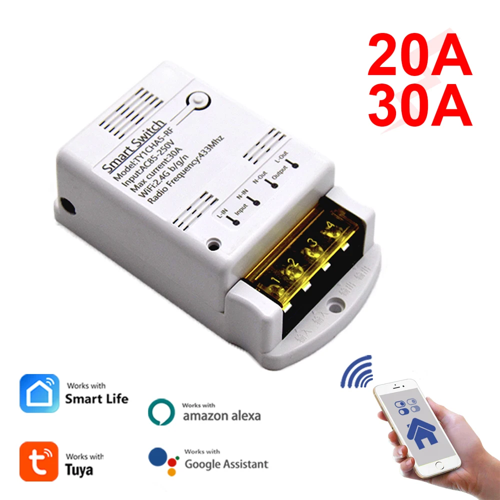 Tuya WiFi Smart Switch 10A 20A 30A High-power DIY Mini Smart Switch Wireless Relay Smart Home Module Work With Alexa Google Home