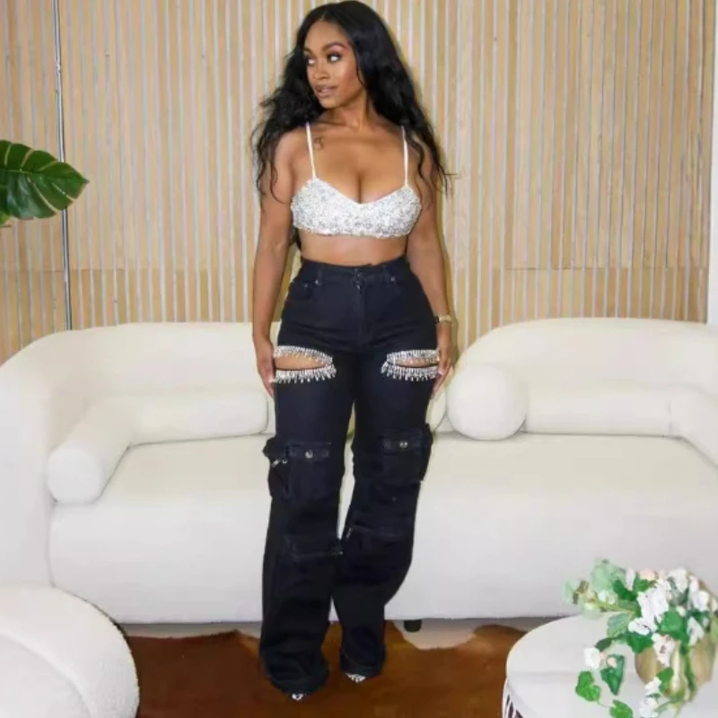 

Denim Cargo Pant Women Jeans Hollow Out Beaded Tassel Traight Trousers Pockets Y2k Party Night Vintage Washed Mid Waist Spring