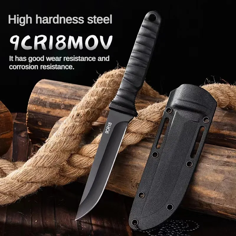 Outdoor survival portable knife, high hardness self-defense knife, portable small straight knife with sheath, hanging chain