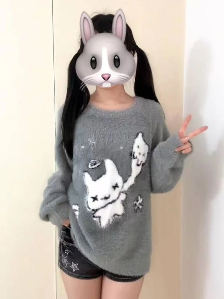 Harajuku اليابانية القوطية البلوز طويلة الأكمام المرأة عادية Y2k الشرير نمط سترة س الرقبة الحلو الكرتون طباعة 2025 الخريف