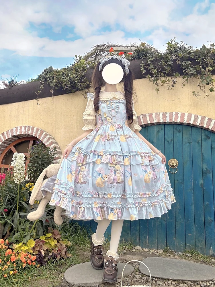 Vestido japonés Kaeaii Lolita de girasol y gato, vestido JSK con tirantes, volantes, dulces vestidos de tirantes para niñas, vestidos de fiesta de princesa elegantes