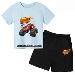 Blaze and the Monster Machines T-shirt Set Children Girl Cartoon Tees Anime Summer Top Themed Birthday Clothes Short Sleeve