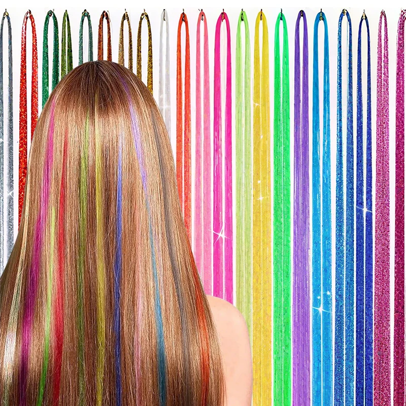 

93cm Laser Sparkle Shiny Metallic Hair Tinsel Rainbow Strands for Braiding Headdress False Hair Extensions Decor Glitter Strips