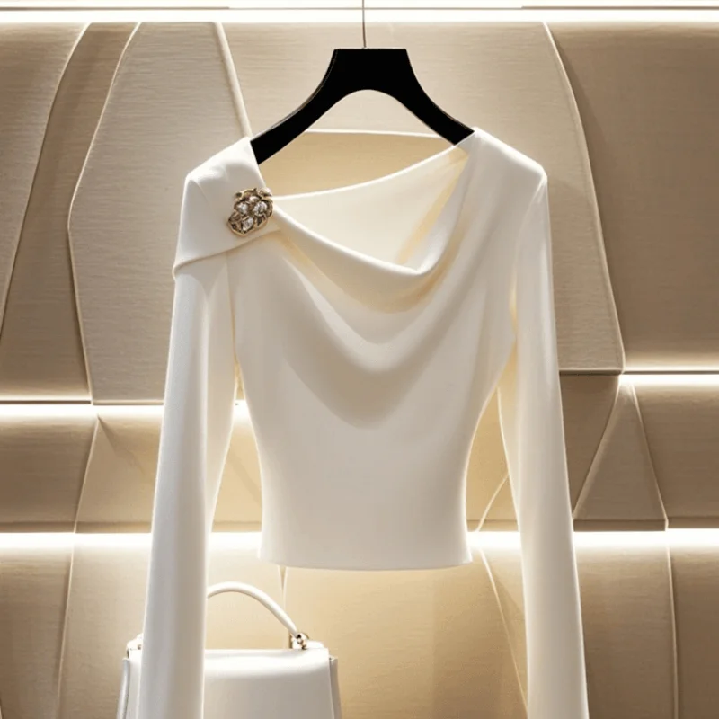 2024 New For Women White T-shirt Skew Collar Long Sleeve 2024 Spring Autumn Temperament Fashion Slimming Tops Female Clothing