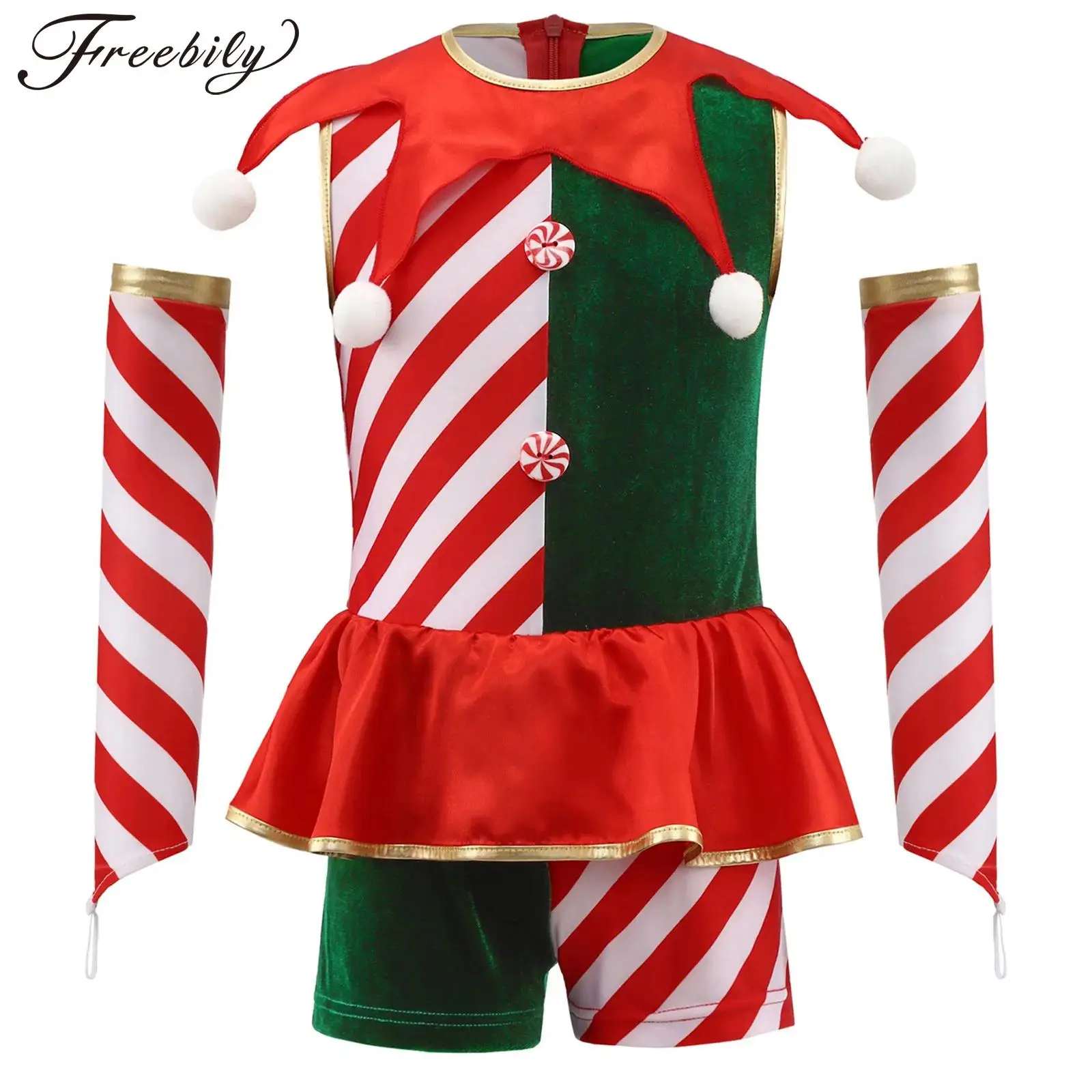 

Girls Christmas Elf Santa Claus Helper Cosplay Costume Pompoms Candy Cane Striped Leotard with Sleeves Festival Party Jumpsuit
