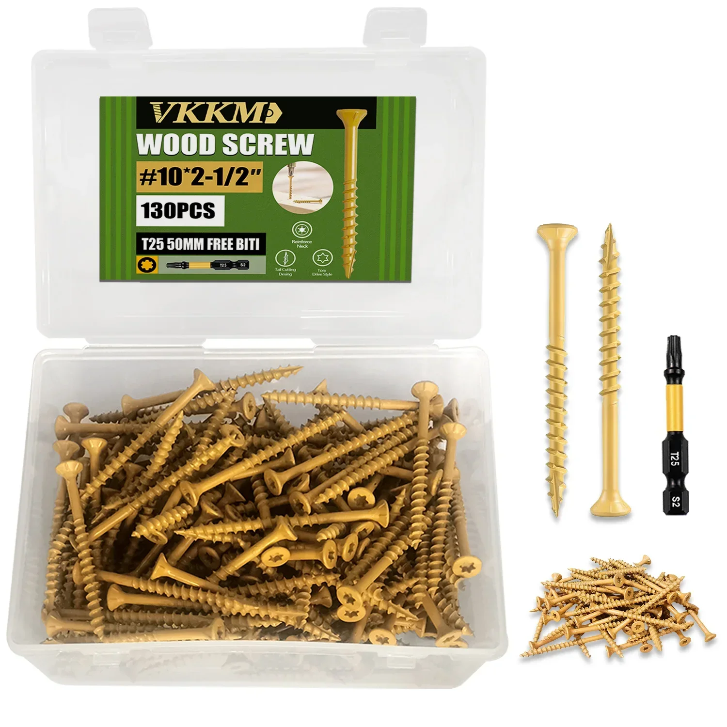 

VKKM 130Pcs #10×2-1/2" Wood Screws Torx Drive Tan Epoxy Coated Rust Resistant Self Tapping High Strength with T25 Bit
