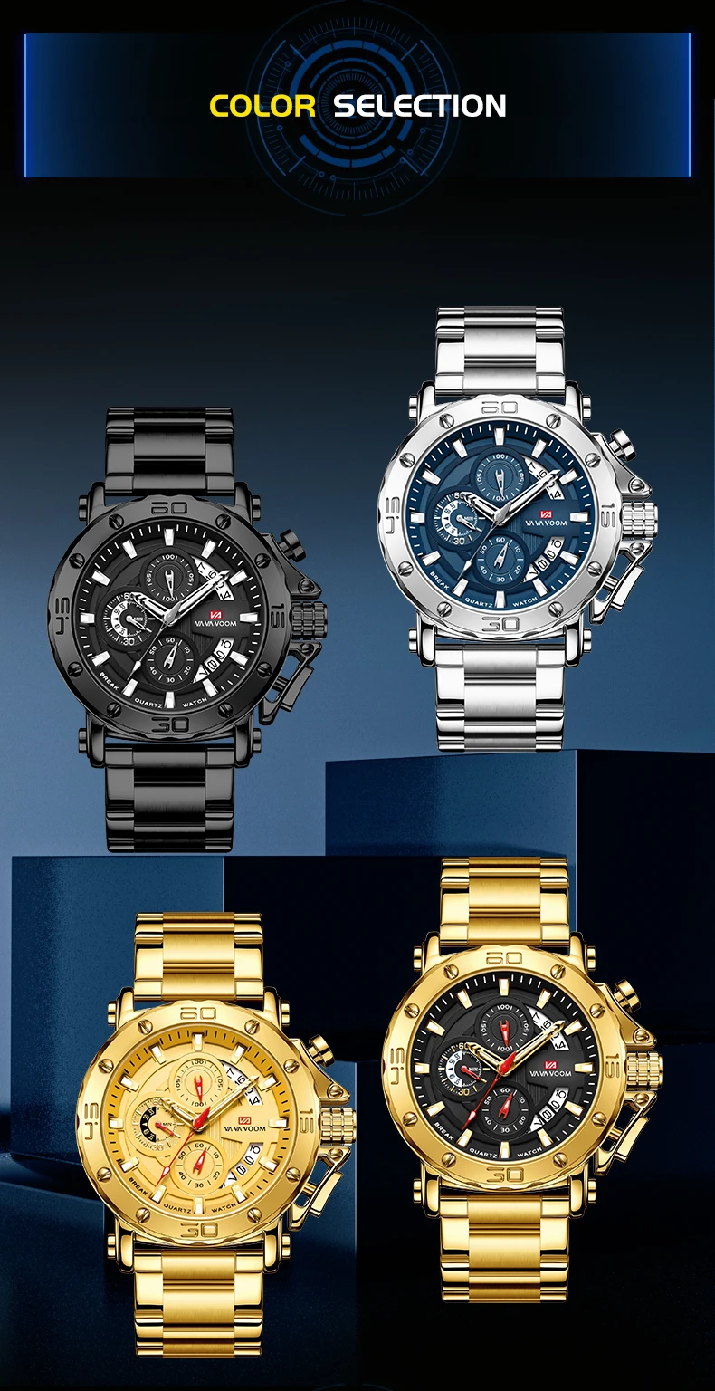 VA VA VOOM Chronograph-Uhr für Herren, Kalender, leuchtend, wasserdicht, Herrenuhr, luxuriöse Edelstahl-Quarzuhr für Herren, Reloj – Detail 11