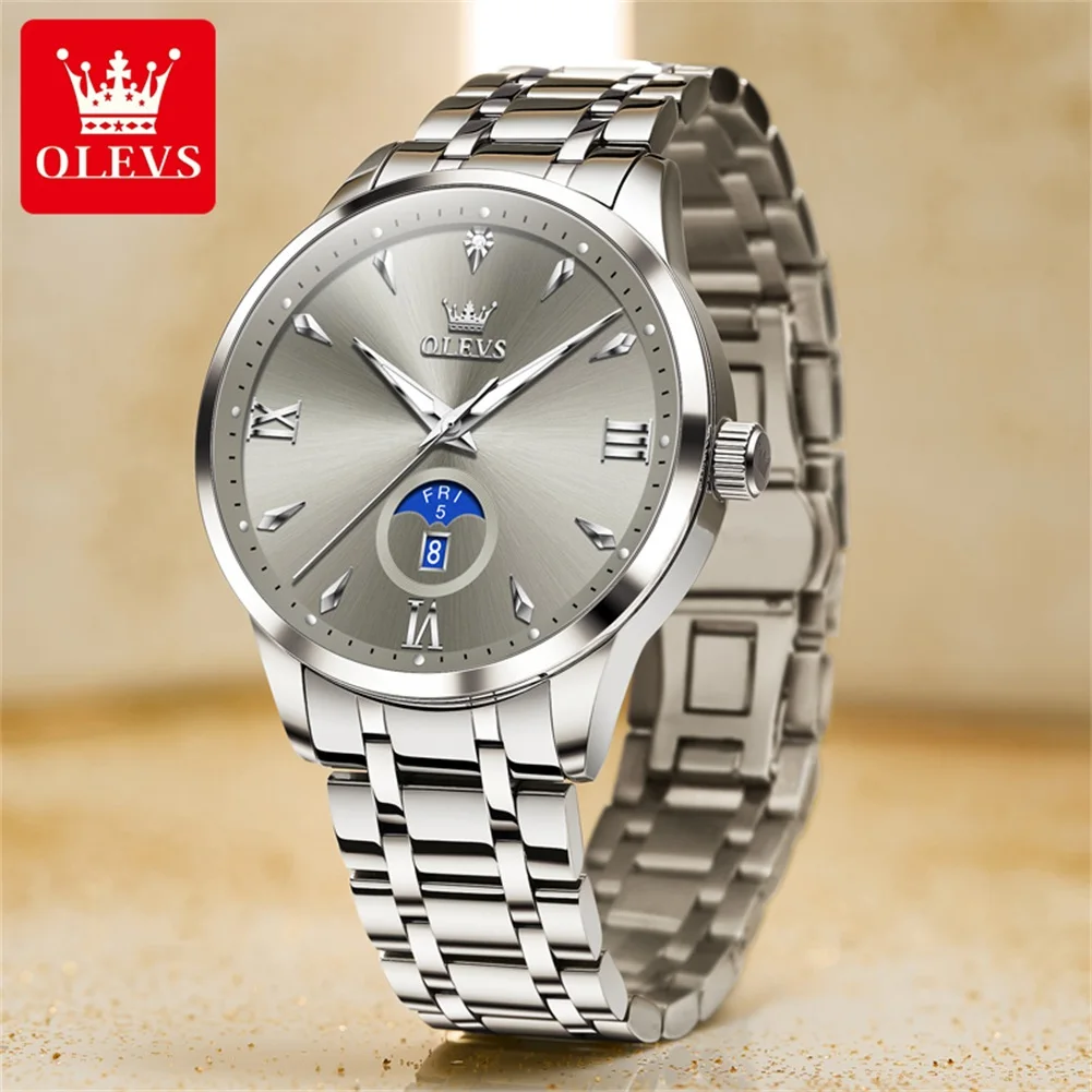 OLEVS 3646 Quartz Watch Men Classic Business Solid Steel Strap Men's Wristwatch Calendar Week Waterproof Luminous Watch