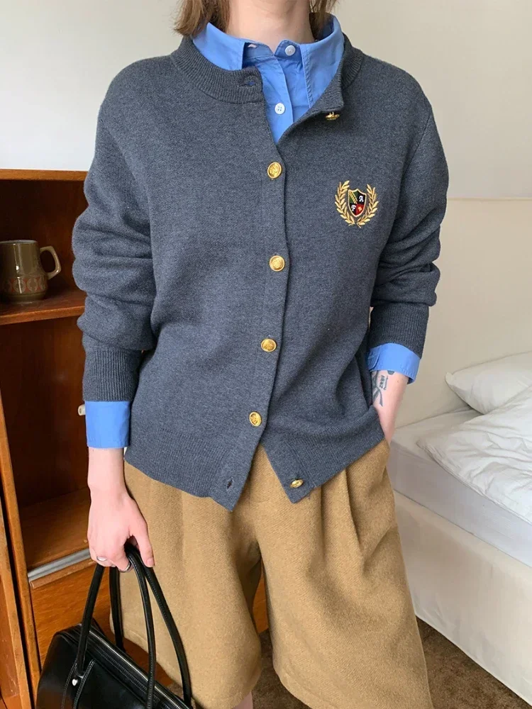 

Autumn New Fashion Women Sweaters 2025 Embroidery Preppy Style Cardigans for Woman O-Neck Slim Solid Metal Button Top Dark Grey