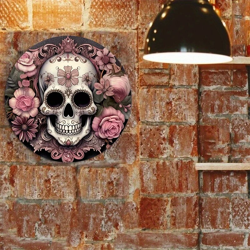 Dark Gray and Black Aluminum Metal Sign, Sugar Skull Wreath Attachment with Floral Pattern, Wall Art, Home Decor, 8x8Inch, 1Pc