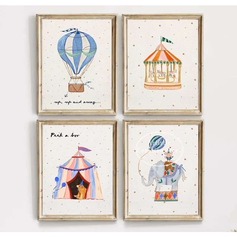 Watercolor Whimsical Funfair Carousel Circus Animal Nursery Illustration Poster Canvas Painting Wall Art Pictures Home Decor