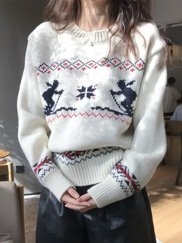 Retro Nordic Sle Long Sve Knitted Sweater Women's Ski Person round Ne Knitwear Autumn Winter Faion Classy Top