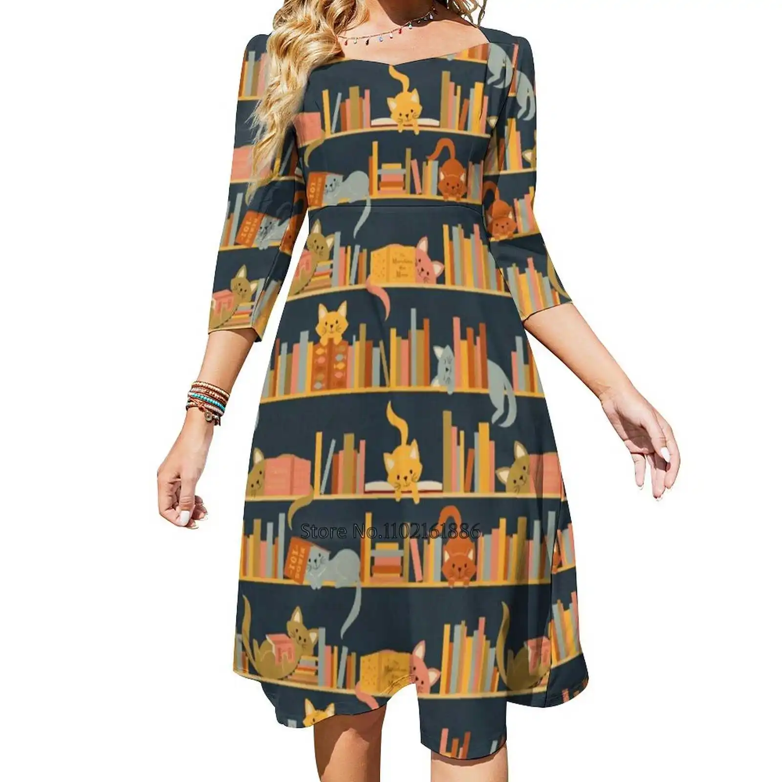 Cozy Cats And Books Back Lacing Backless Dress Square Neck Dress New Elegant Women Waist Tight Dress Cats Books Orange Cat Blue