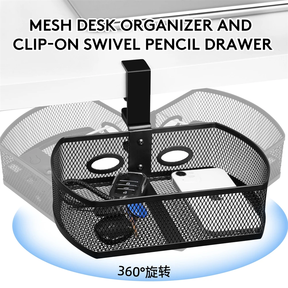 Cup Holder Under Desk Drawer 360° Swivel C-clamp Mounting Mesh Storage Box Spill-proof Easy Install Table Management Tray