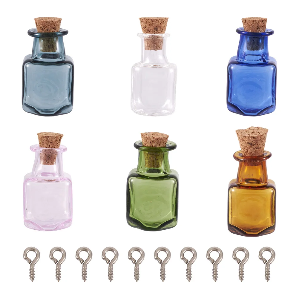 6Pcs Mini Square Glass Cork Bottle Empty Wishing Bottle Charms with Screw Eye Pin Peg Bails for for DIY Crafts Decoration