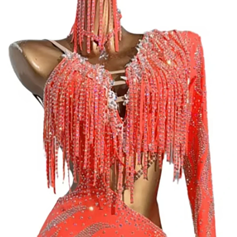 الرقص اللاتيني المرأة الراقية مخصص الماس شريط شرابة كبيرة عارية الذراعين تشا سامبا أداء حجر الراين اللباس