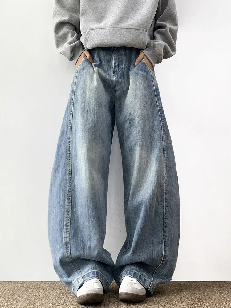 

Pop American Vintage Mens Jeans Blue Oversize Wide-leg Denim Trousers Y2k Washed Fashion Streetwear Sickle Pants Male