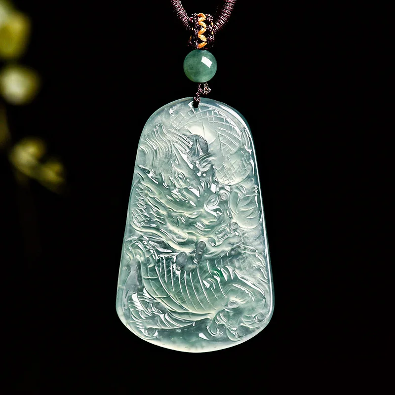 Natural A-grade Jade Blue Water Dragon Soaring Four Seas Zodiac Pendant Ice Seed Jadeite For Men's Charms Women's Jewelry