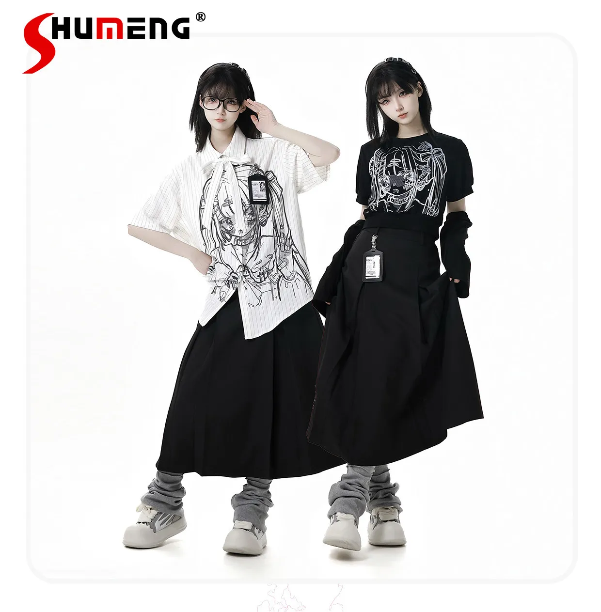 

Женские комплекты в стиле Y2K: повседневные топы и юбки с мультяшным принтом в японском студенческом стиле, с длинным и коротким рукавом