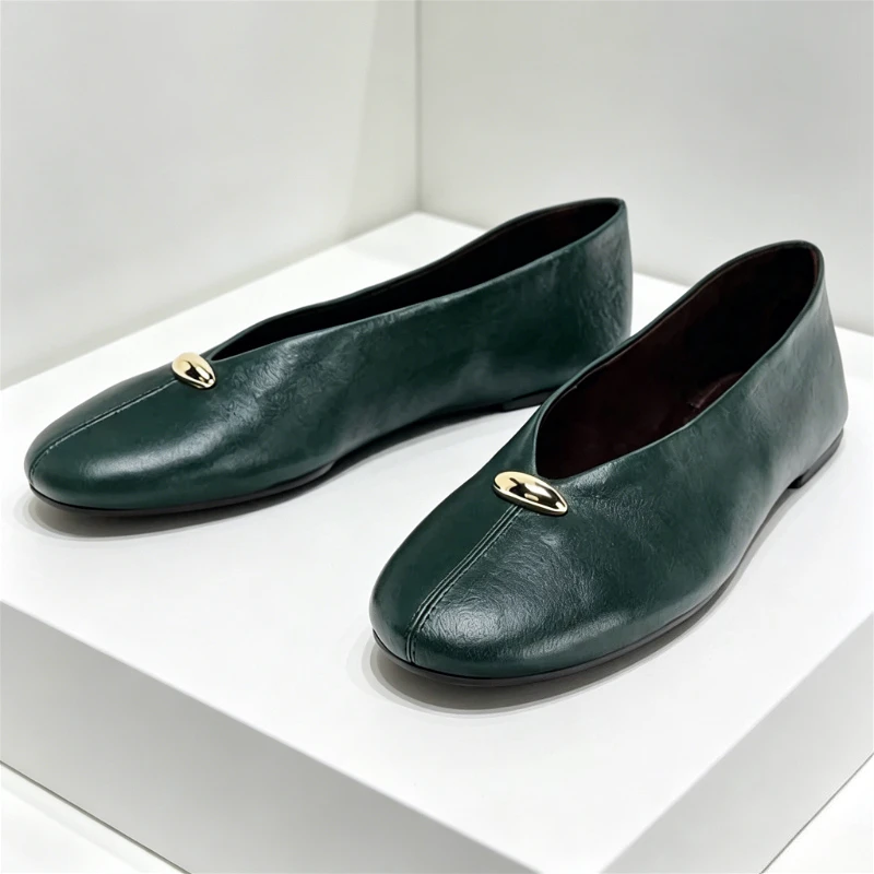 Zapatillas de Ballet con Hebilla de Metal de Lujo para Mujer, Zapatillas de Ballet de Cuero Verde, Suela Ligera y Suave, Mocasines Cómodos para Damas