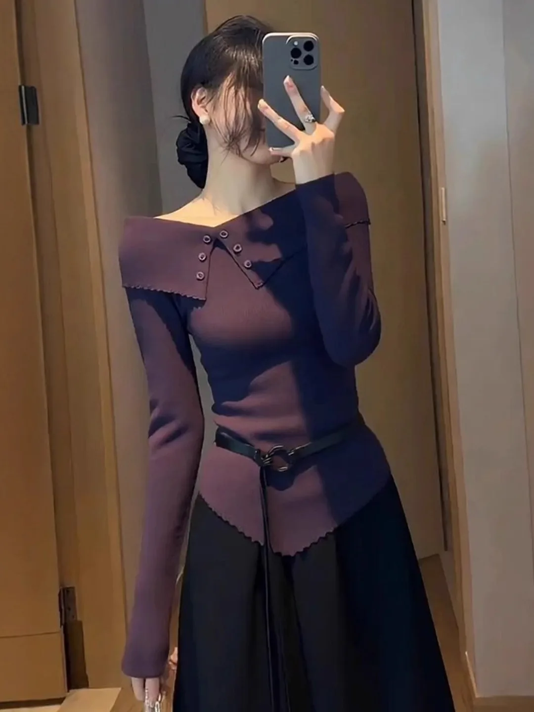 

Retro Purple One-oulder Long Sve Knitted Sweater Women's Spring Autumn Slimming Base irt Beautiful Top Commute Sle