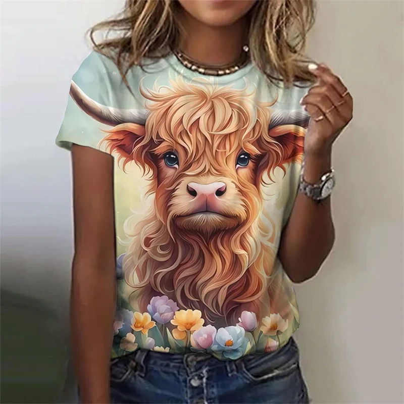 Cute Cow Donkey Pattern T-Shirt For Women Flower Animals 3D Printed T Shirts Summer Fashion Street Tees O-Neck Tops Short Sleeve