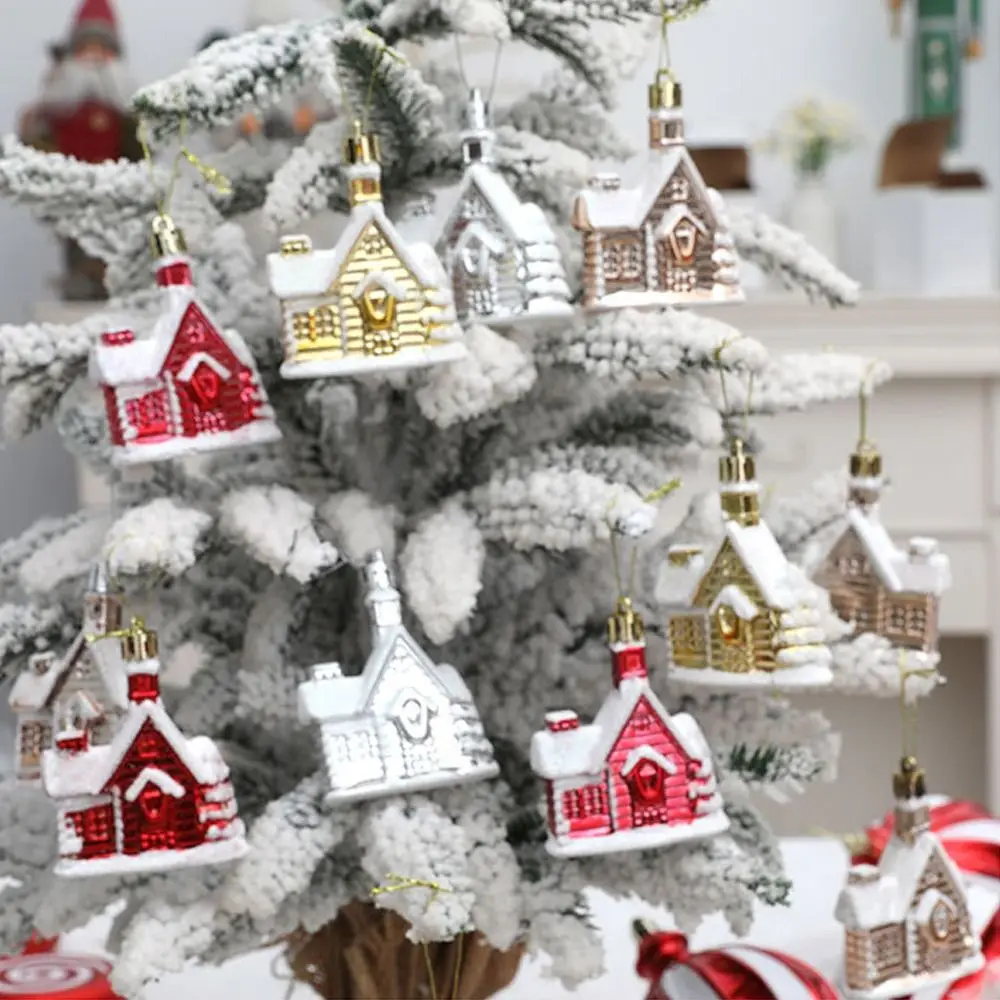 4pcs Cartoon Christmas Painted Snow House Pendant Plastic Elegant Electroplated Hanging Balls DIY Xmas Tree Pendants Xmas Decor