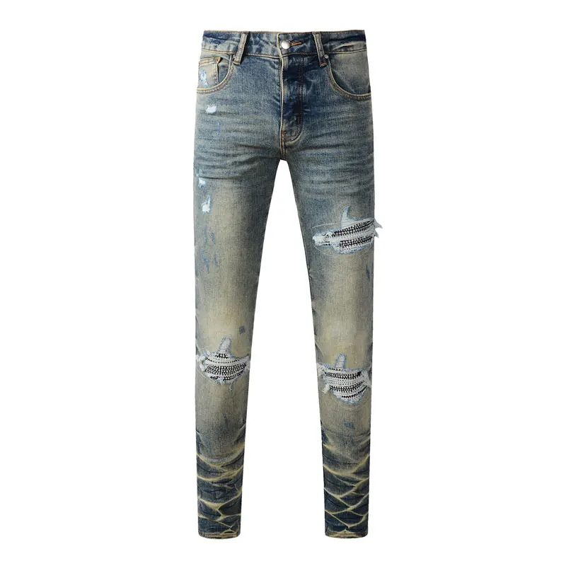 Fashionable new high-quality jeans men's jeans retro light blue washed nostalgic stretch slim fit bead patch jeans high street h
